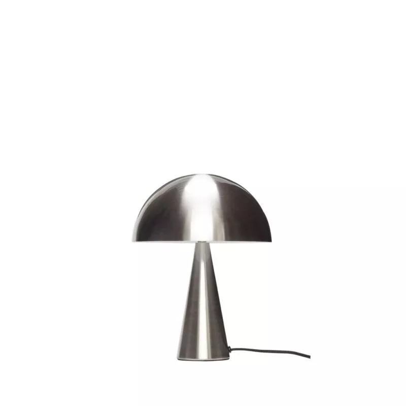 Lampe à poser champignon en fer nickel brossé satiné, dôme et pied conique, sur fond clair neutre