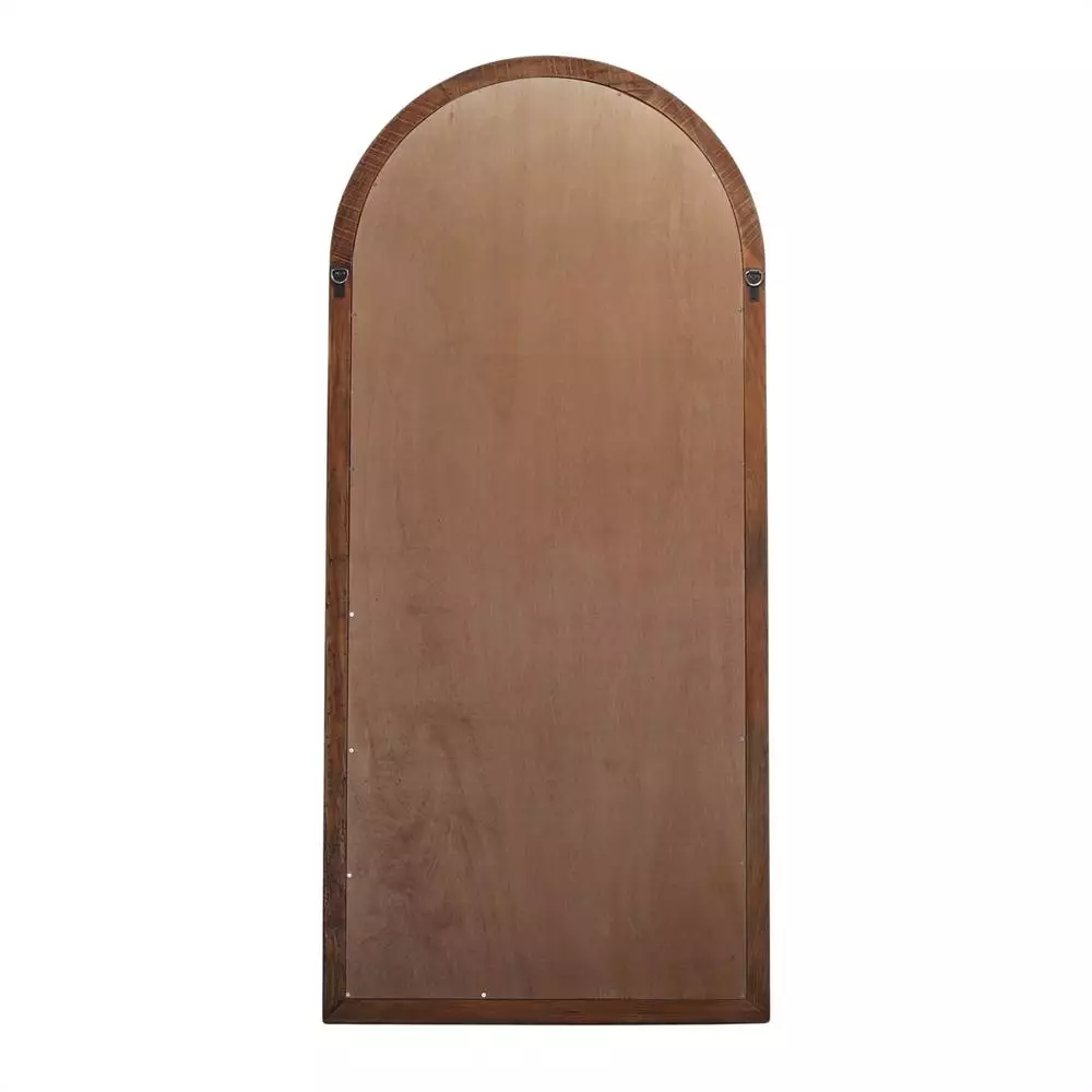 Vue arrière du miroir cintré : panneau de fond en bois clair, cadre en bois ancien recyclé et deux attaches métalliques.