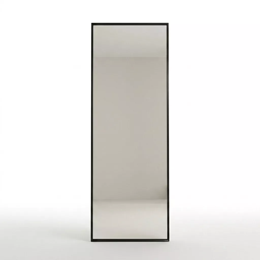 Miroir plein pied noir au cadre aluminium mat fin, vue de face, glace pleine, fond neutre clair