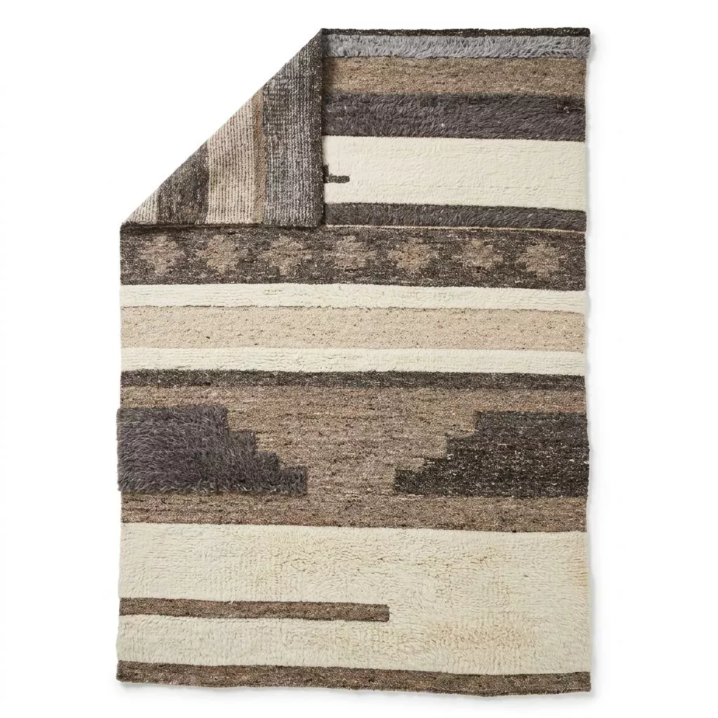 Tapis laine patchwork bandes, vue de dessus coin replié révélant l'envers tissé, palette ivoire, beige, brun et gris