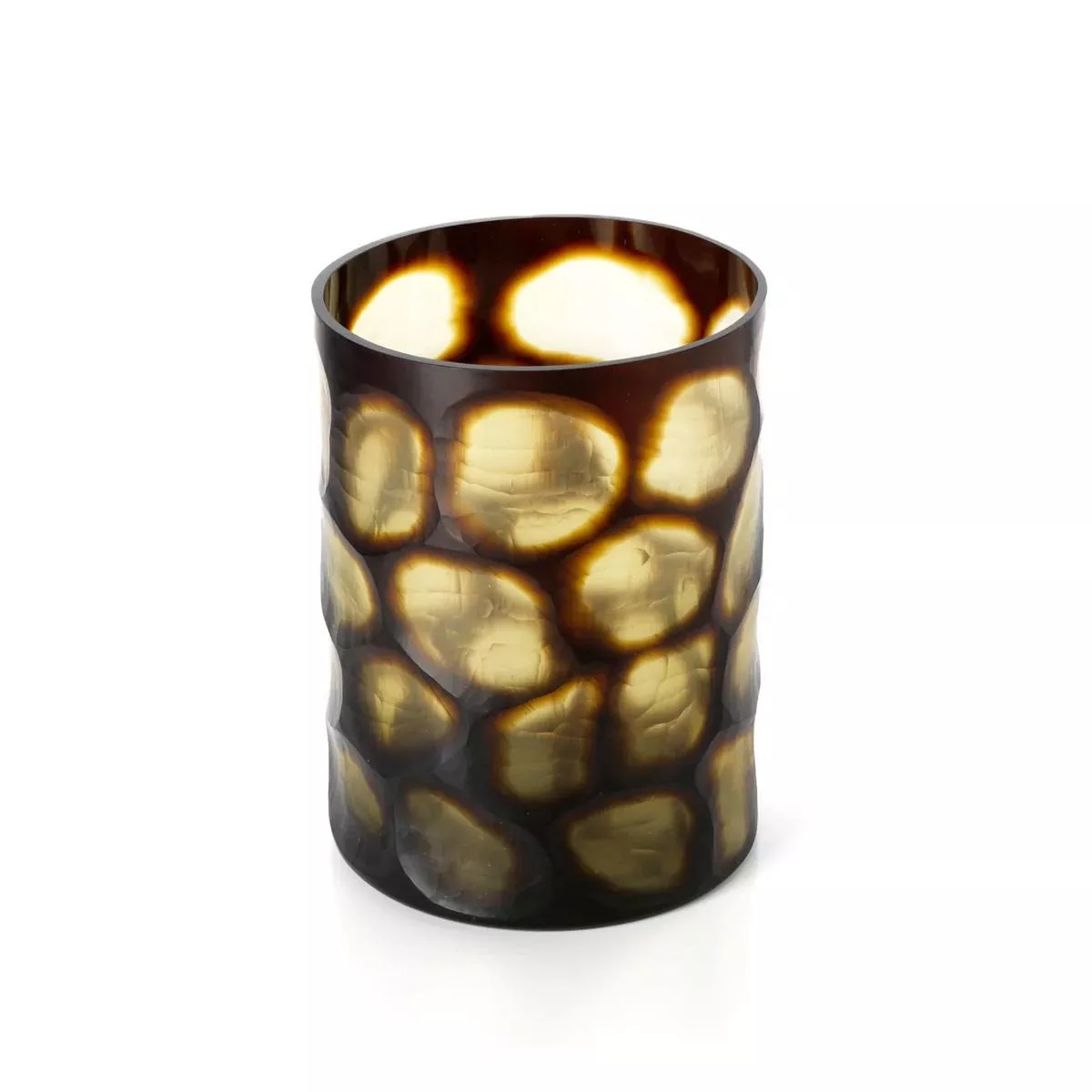 Vase cylindrique en verre soufflé bouche, motif écaille de tortue ambré et brun sombre, vue trois-quarts sur fond neutre