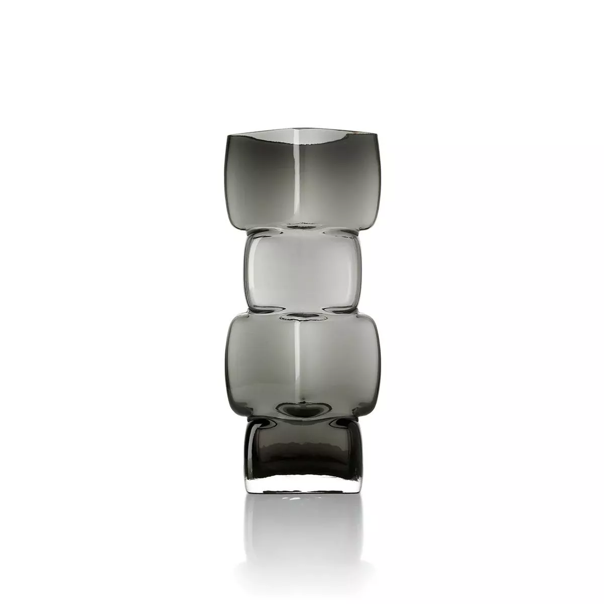Vase verre fumé translucide en colonne de cubes superposés, vue de face, dégradé vertical, fond clair neutre