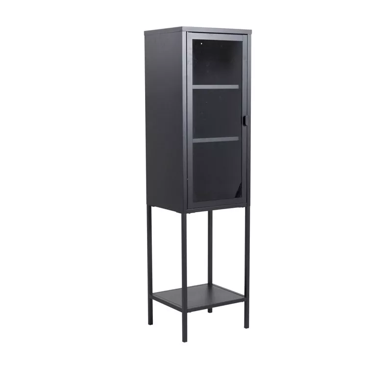 Vitrine colonne en acier noir thermolaqué et verre clair, vue trois quarts sur fond neutre, deux étagères intérieures.