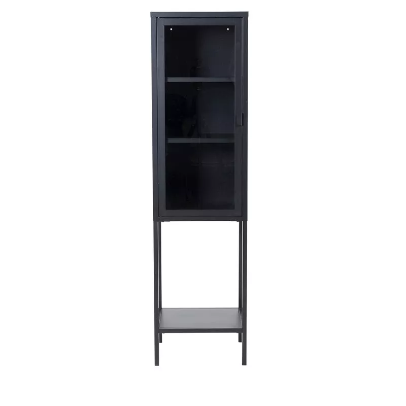 Vitrine colonne en acier noir thermolaqué et verre clair, vue de face sur fond neutre, porte fermée et étagère basse.