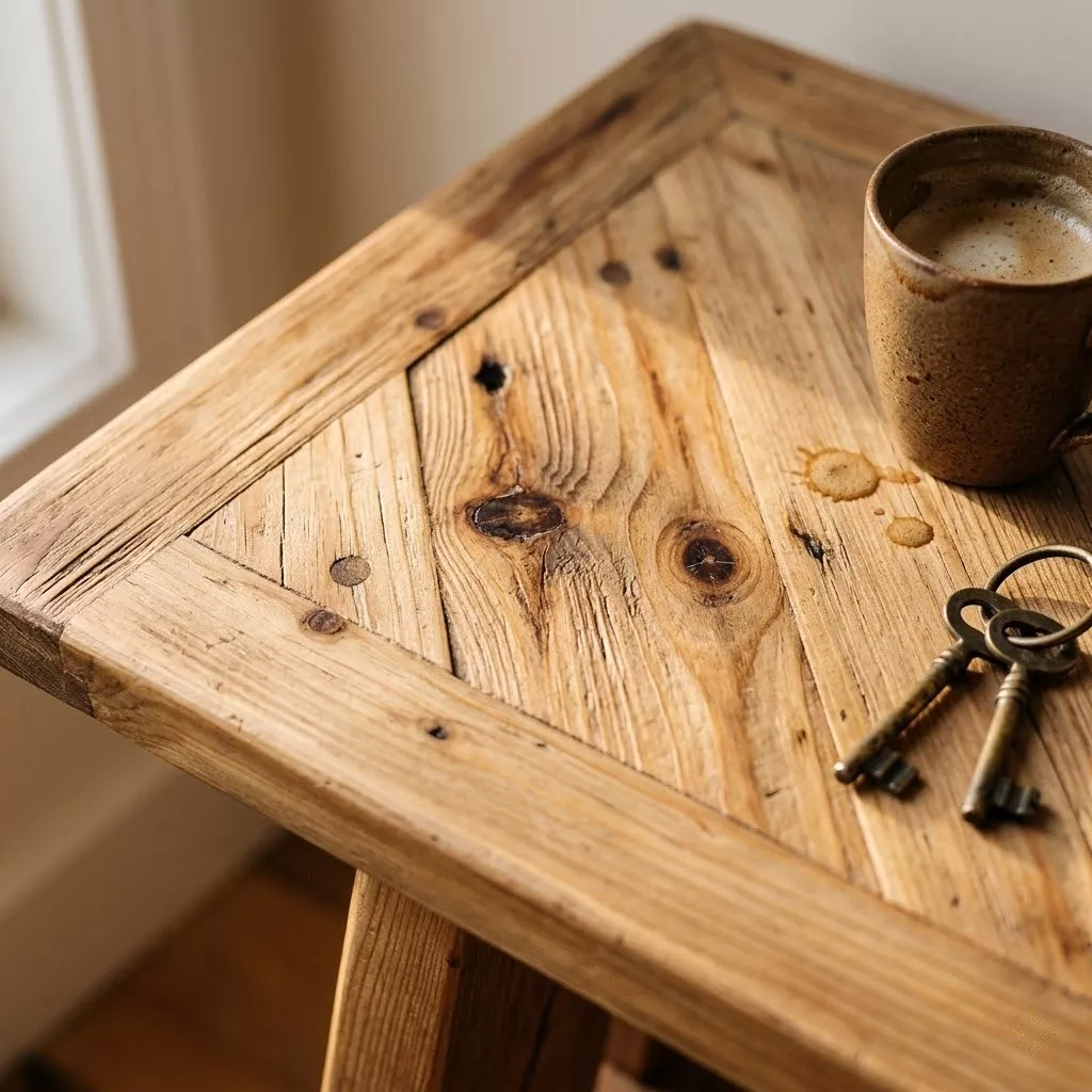 Détail du plateau en épis du pin recyclé massif, nœuds et stries d'outil visibles, tasse en grès mouchetée et clé en métal.