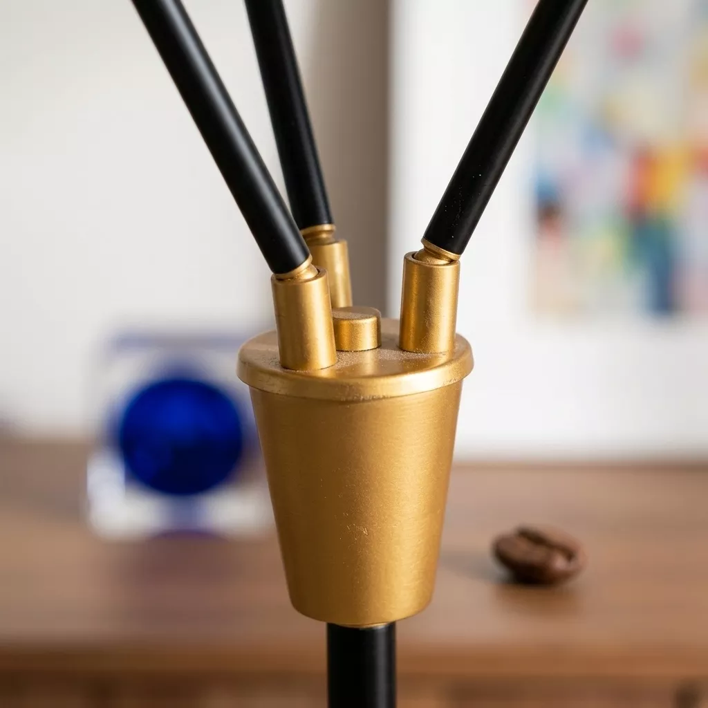 Détail du cup laiton brossé du lampadaire 3 têtes, trois bras acier noir mat orientables rayonnant de la jonction centrale
