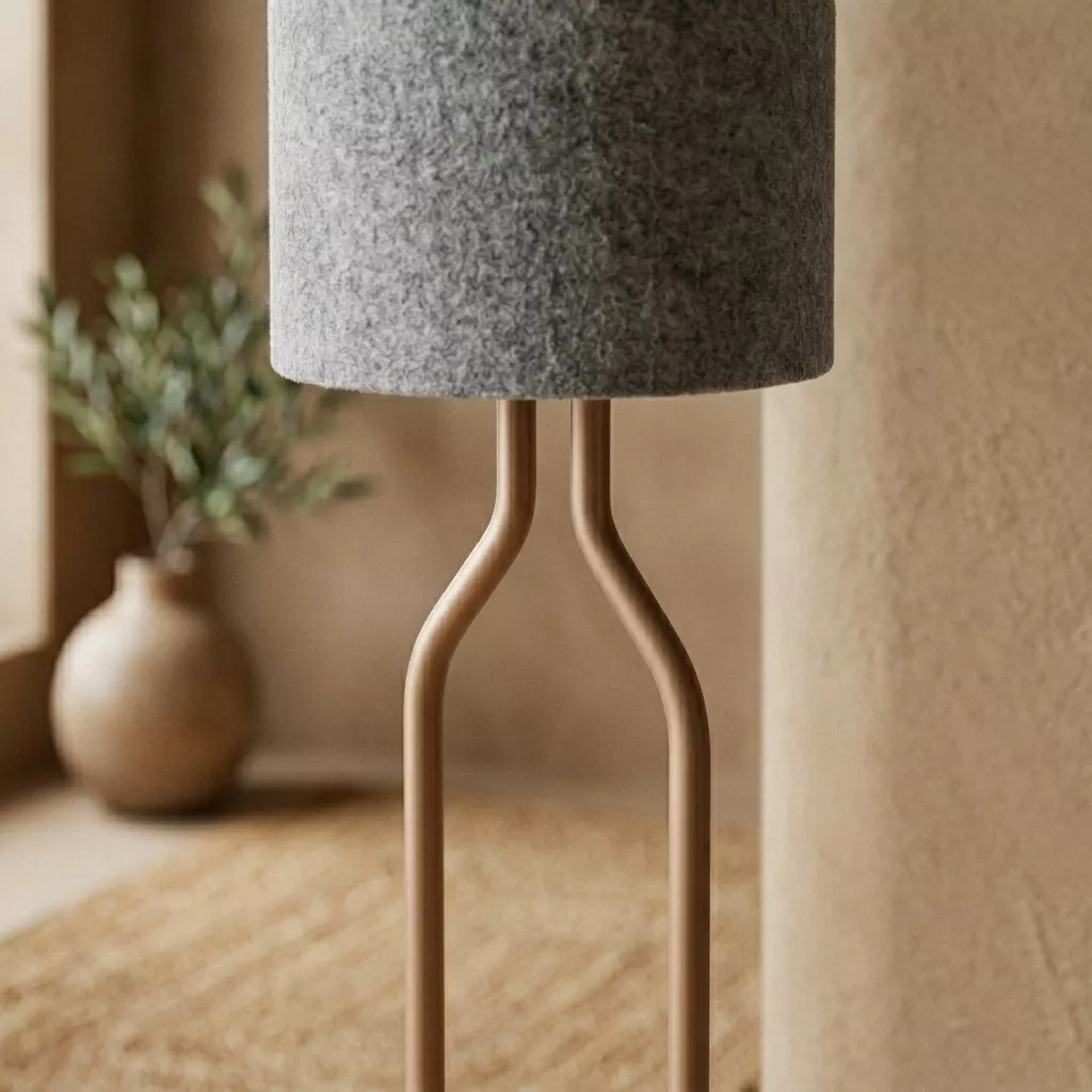 Détail du lampadaire abat-jour laine grise et jonction du fût en acier laqué sable, lumière douce et plante en arrière-plan.