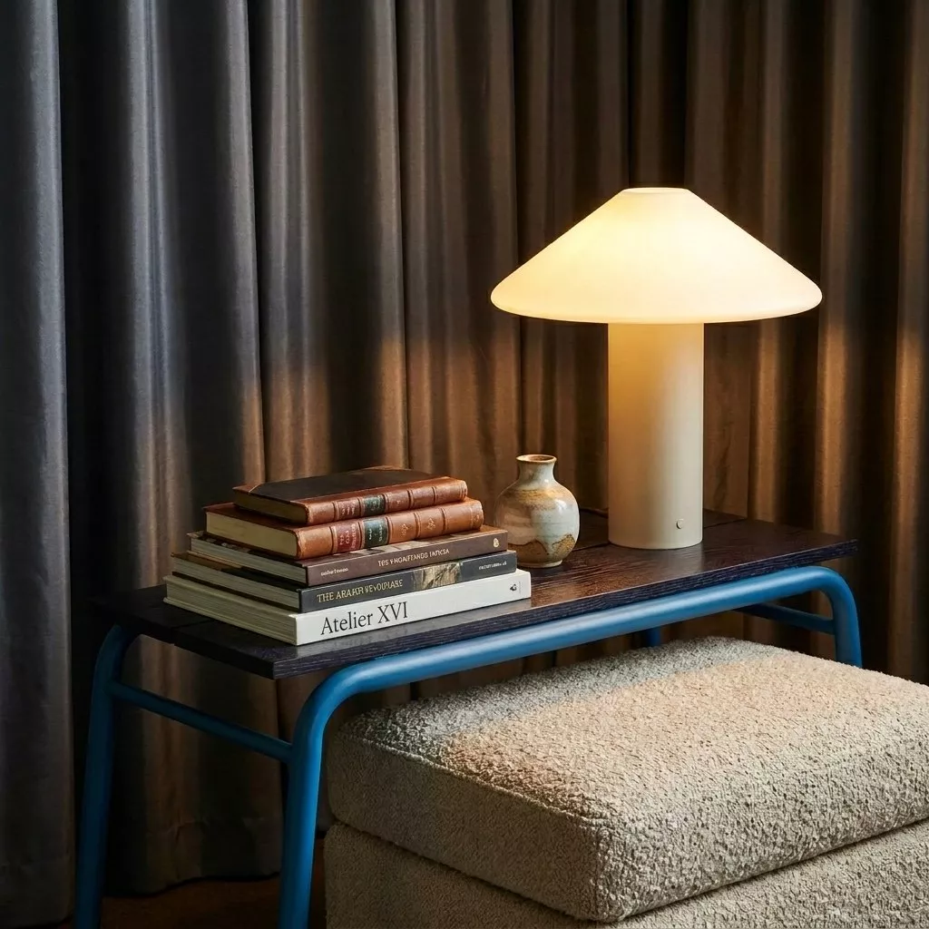 Banc bleu tubulaire à plateau bois sombre vu de profil, pile de livres reliés et lampe ronde laiteuse, rideaux velours sombre