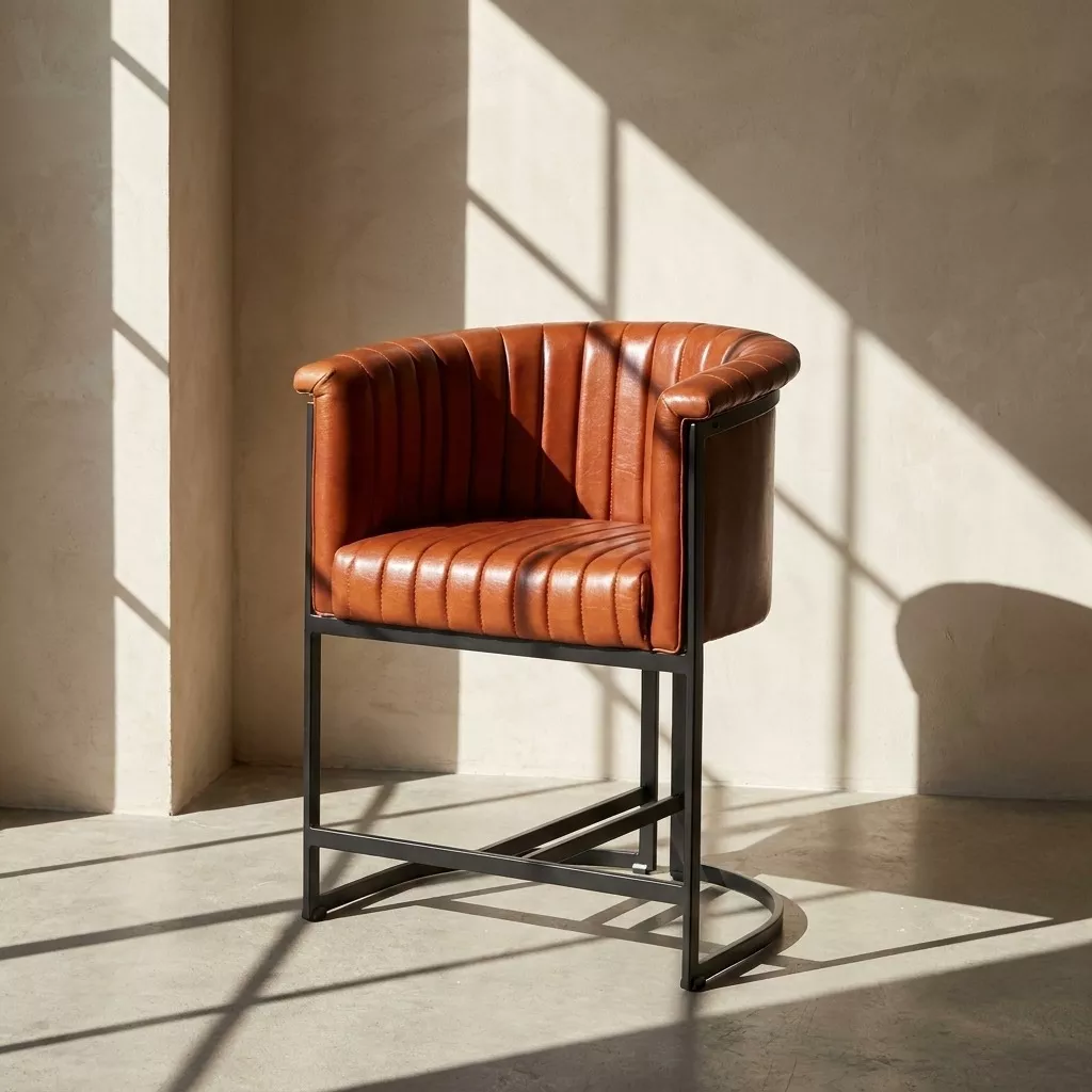 Chaise tonneau en cuir caramel cannelé et acier noir mat, lumière rasante traversant un coin aux murs enduits clairs