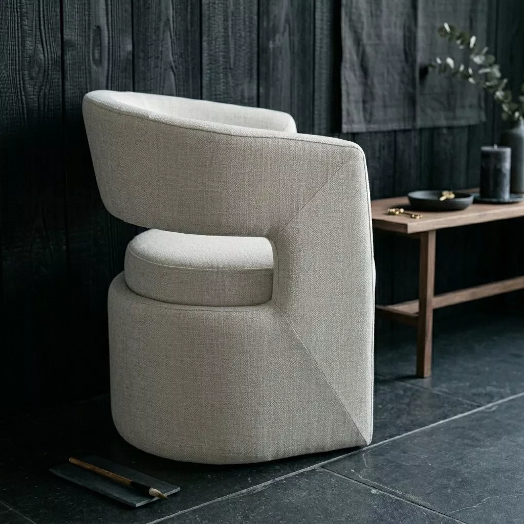 Vue arrière côté fauteuil tapissé ivoire Tesia, fond yakisugi bois carbonisé sombre, table basse noyer, bougie noire, ambiance graphique minimaliste
