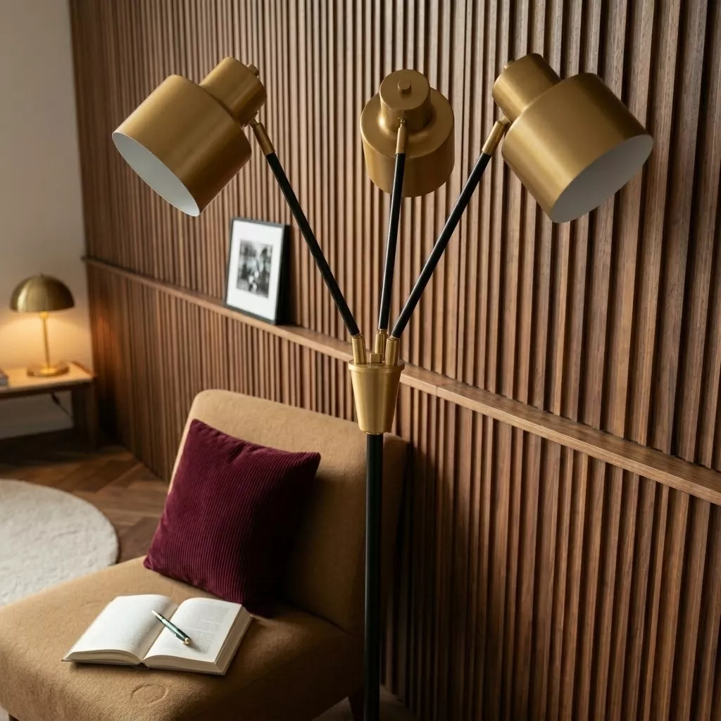 Lampadaire 3 têtes, jonction laiton et bras noirs en gros plan devant panneau noyer rainuré, coussin bordeaux en fond