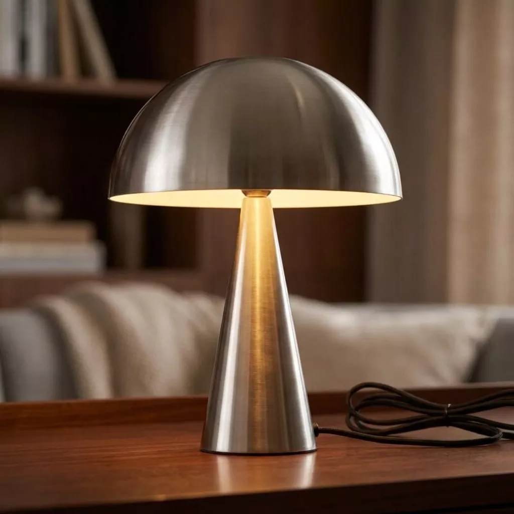 Lampe à poser champignon en fer nickel brossé allumée, dôme satiné et pied conique, sur une table en bois