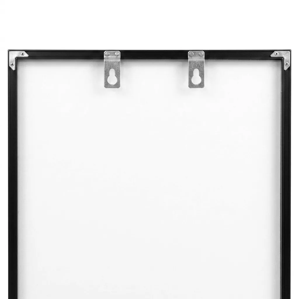 Arrière du miroir plein pied noir avec accroches métalliques pour fixation murale, cadre aluminium et fond clair