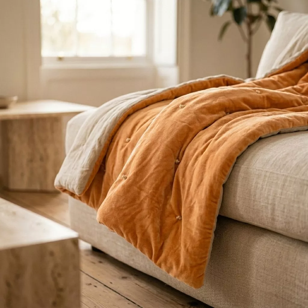Plaid en velours de coton terracotta drapé en plan rapproché, points noués apparents, trame velours dense, contraste avec revers chambray écru