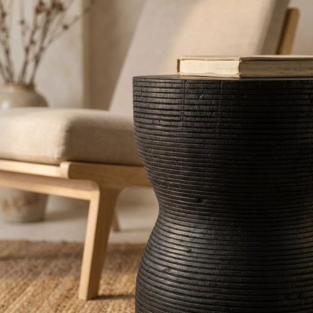 Tabouret en bois massif noir vu de près, taille resserrée et stries horizontales, un livre posé sur le plateau