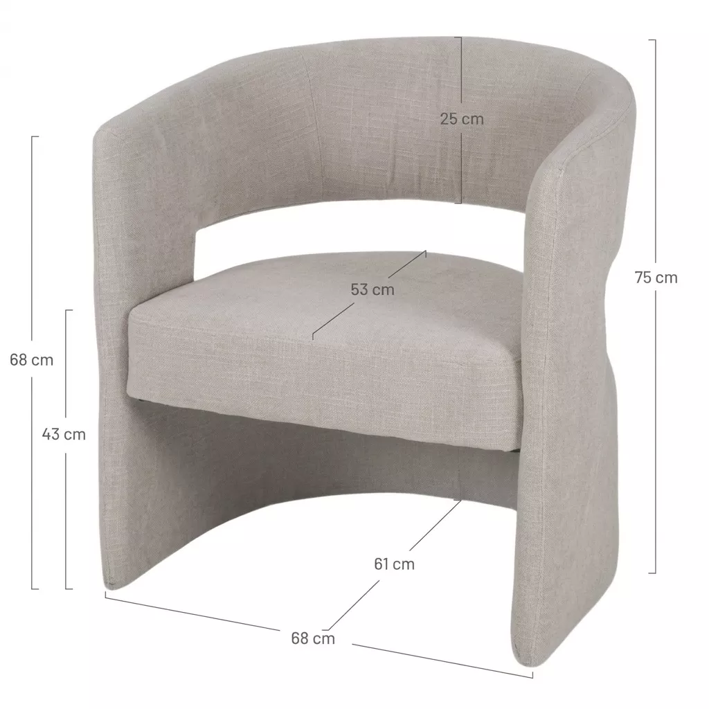 Schéma dimensions fauteuil tapissé ivoire Tesia fond blanc : L70 × P63 × H75 cm, assise 43 cm, profondeur assise 53 cm, dossier 25 cm