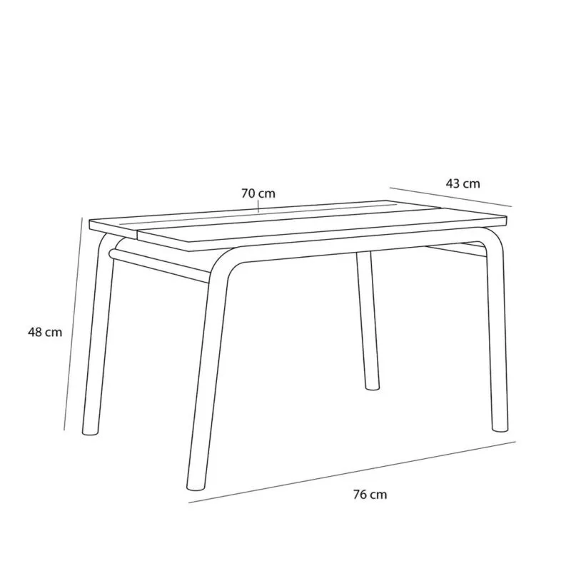Schéma technique du banc tubulaire avec cotes : plateau 70 × 43 cm, hauteur 48 cm et empattement 76 cm