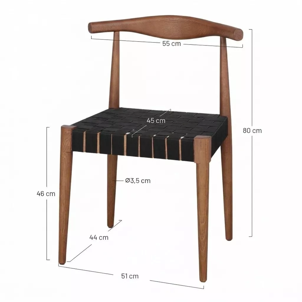 Schéma technique avec cotes de la chaise frêne et sangle : Longueur 55 cm, Profondeur 50 cm, Hauteur 80 cm, assise 46 cm