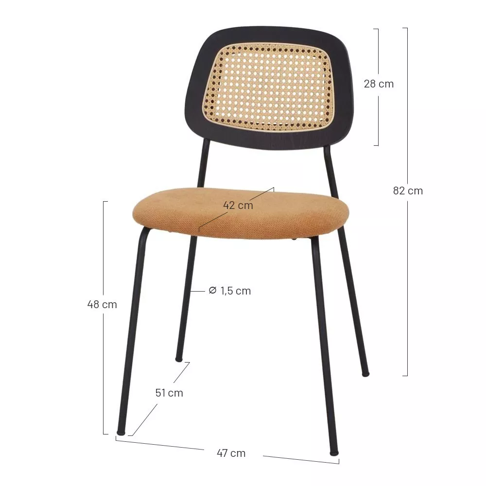 Schéma technique de la chaise avec cotes : Longueur 47 cm, Profondeur 51 cm, Hauteur 82 cm, hauteur d'assise 48 cm