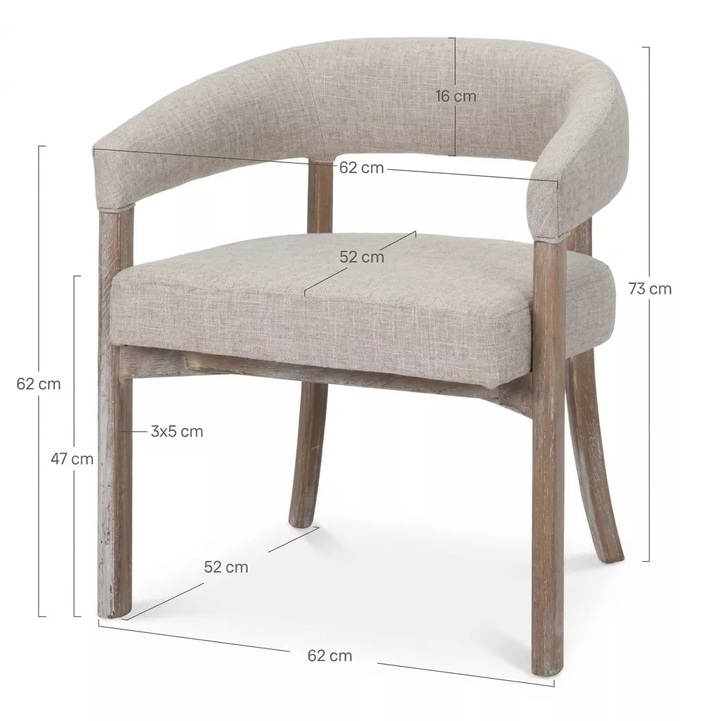 Schéma technique de la chaise avec cotes : Longueur 62 cm, Profondeur 56 cm, Hauteur 73 cm, hauteur d'assise 47 cm