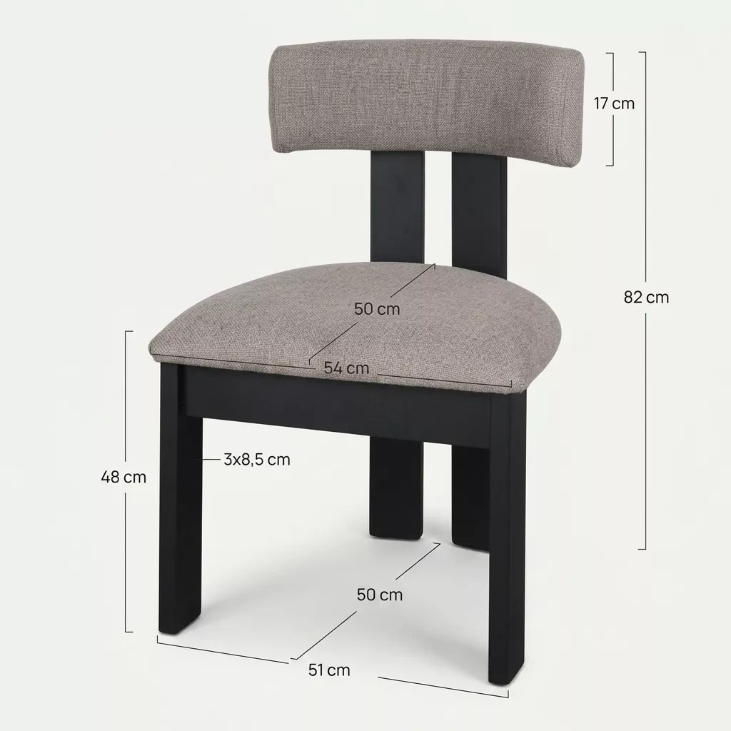 Schéma technique de la chaise avec cotes : Longueur 54 cm, Profondeur 54 cm, Hauteur 82 cm, hauteur d'assise 48 cm