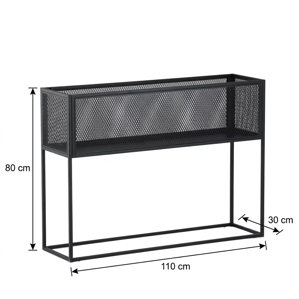 Schéma technique de la console en acier noir avec cotes : Longueur 110 cm, Profondeur 30 cm, Hauteur 80 cm