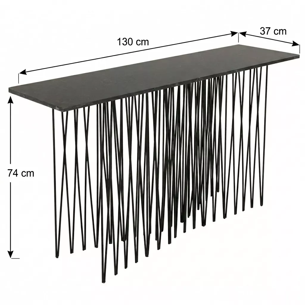 Schéma technique de la console métal noir avec cotes : Longueur 130 cm, Profondeur 37 cm et Hauteur 74 cm