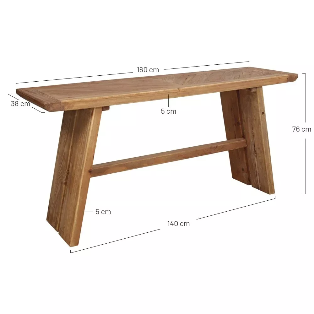 Schéma technique de la console pin recyclé massif, longueur 160 cm, plateau en épis et traverse basse cotée.