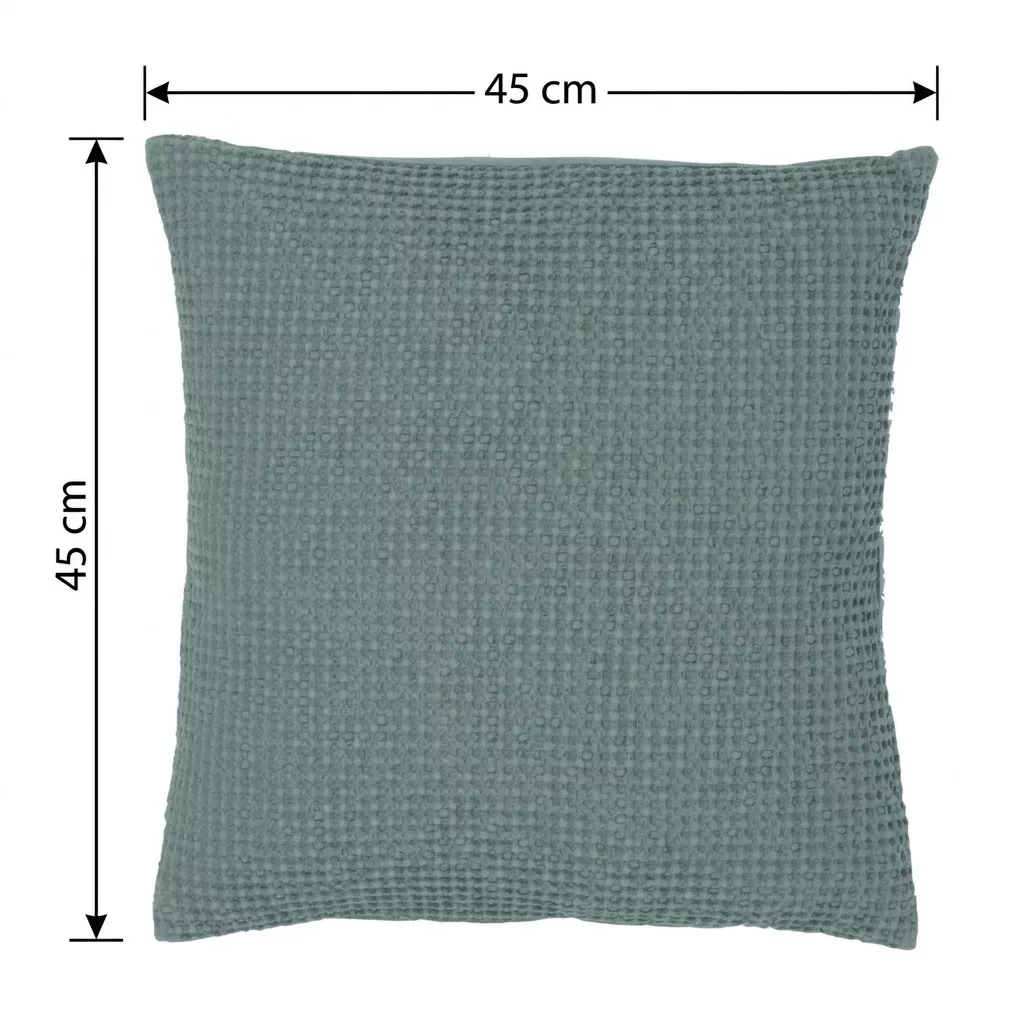 Schéma technique du coussin coton recyclé vert de gris avec cotes : Longueur 45 cm, Largeur 45 cm, format carré.