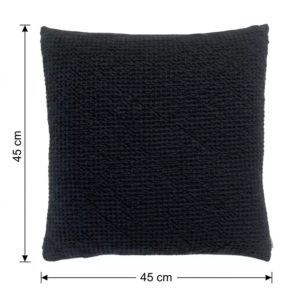Schéma technique du coussin gaufré noir avec cotes : Longueur 45 cm, Largeur 45 cm, format carré.