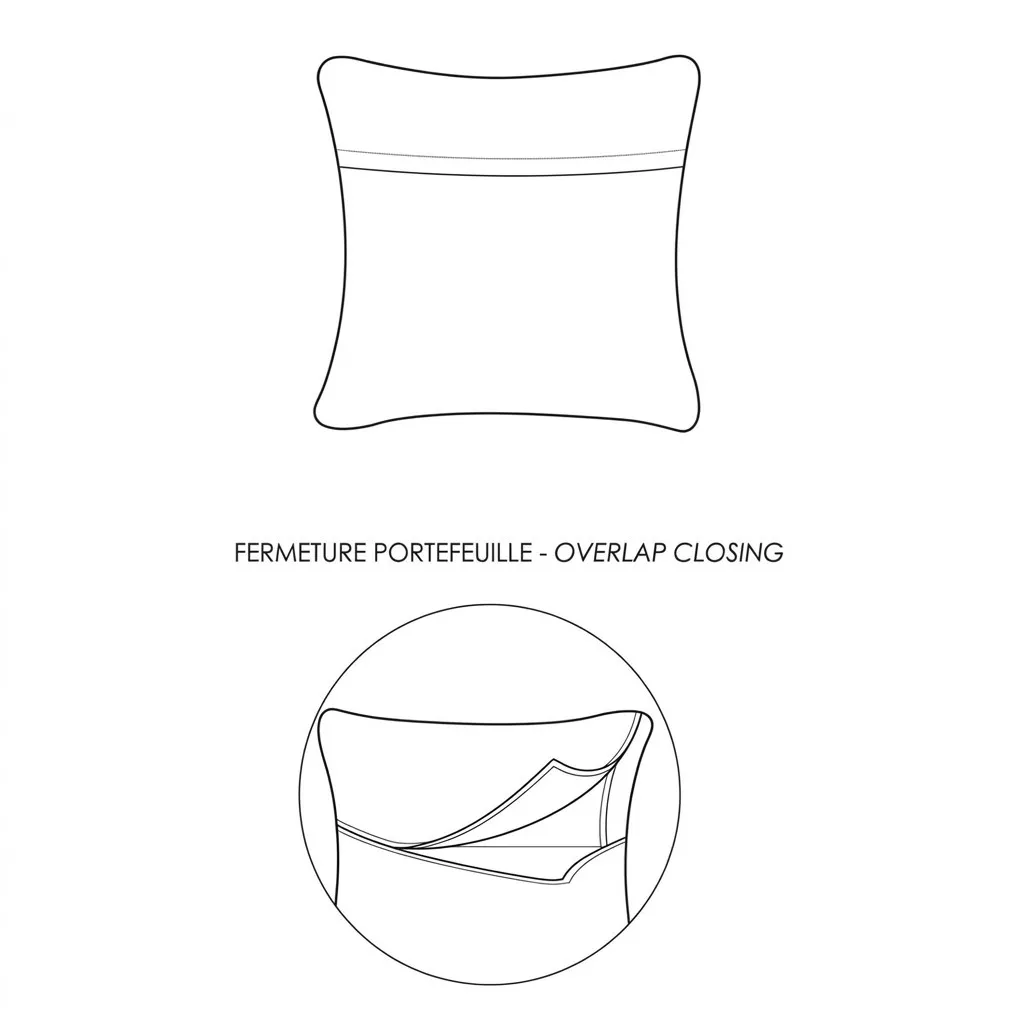 Schéma technique du coussin gaufré noir, fermeture portefeuille au verso et détail du chevauchement de la housse.