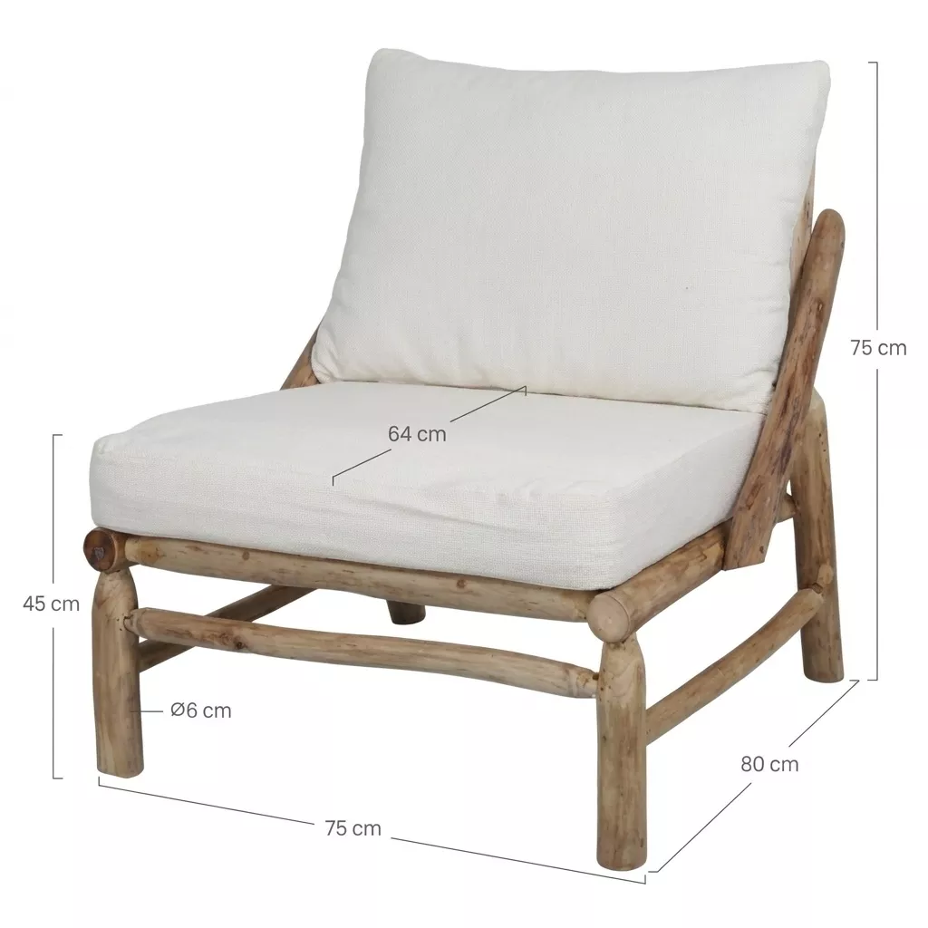 Schéma technique fauteuil Thaoly, cotes 75 × 82 × H 75 cm, assise 45 cm, profondeur 64 cm, montants Ø 6 cm, fond blanc