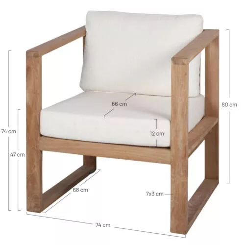 Schéma technique du fauteuil en teck avec cotes : L 74 cm × P 68 cm × H 80 cm, hauteur d'assise 47 cm, coussin 12 cm