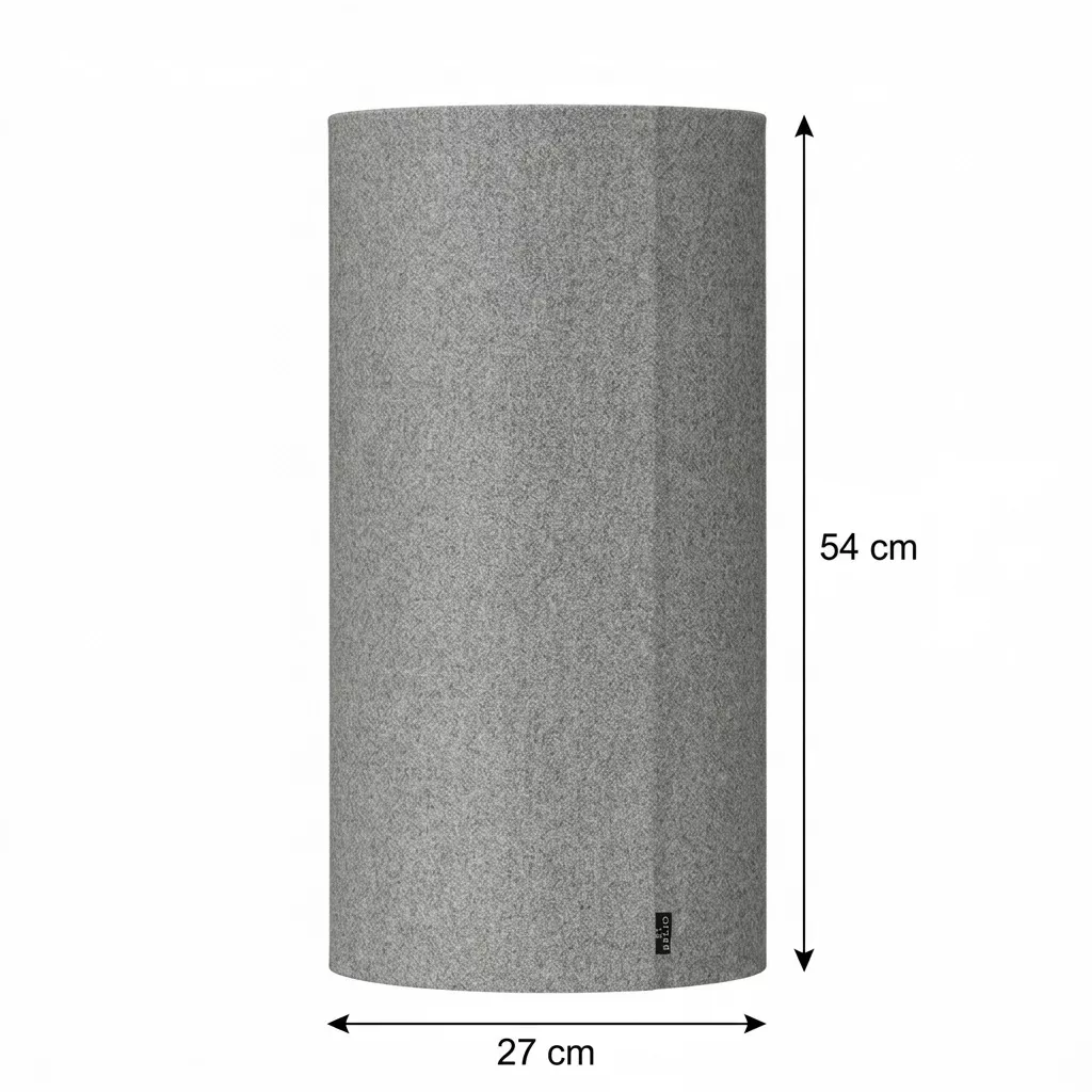 Schéma technique de l'abat-jour cylindrique en laine cardée grise avec cotes : Diamètre 27 cm, Hauteur 54 cm.