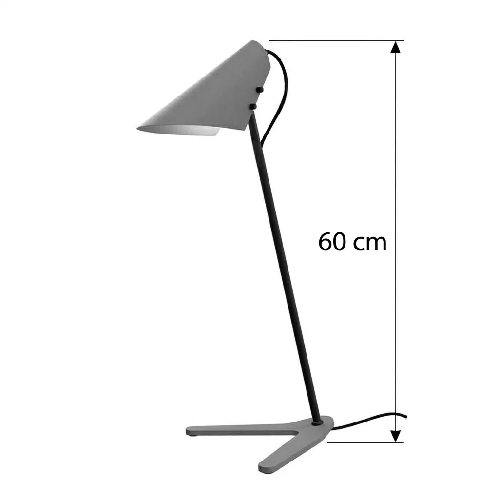 Schéma technique de la lampe à poser béton et acier noir avec cote Hauteur 60 cm, silhouette inclinée et base en Y