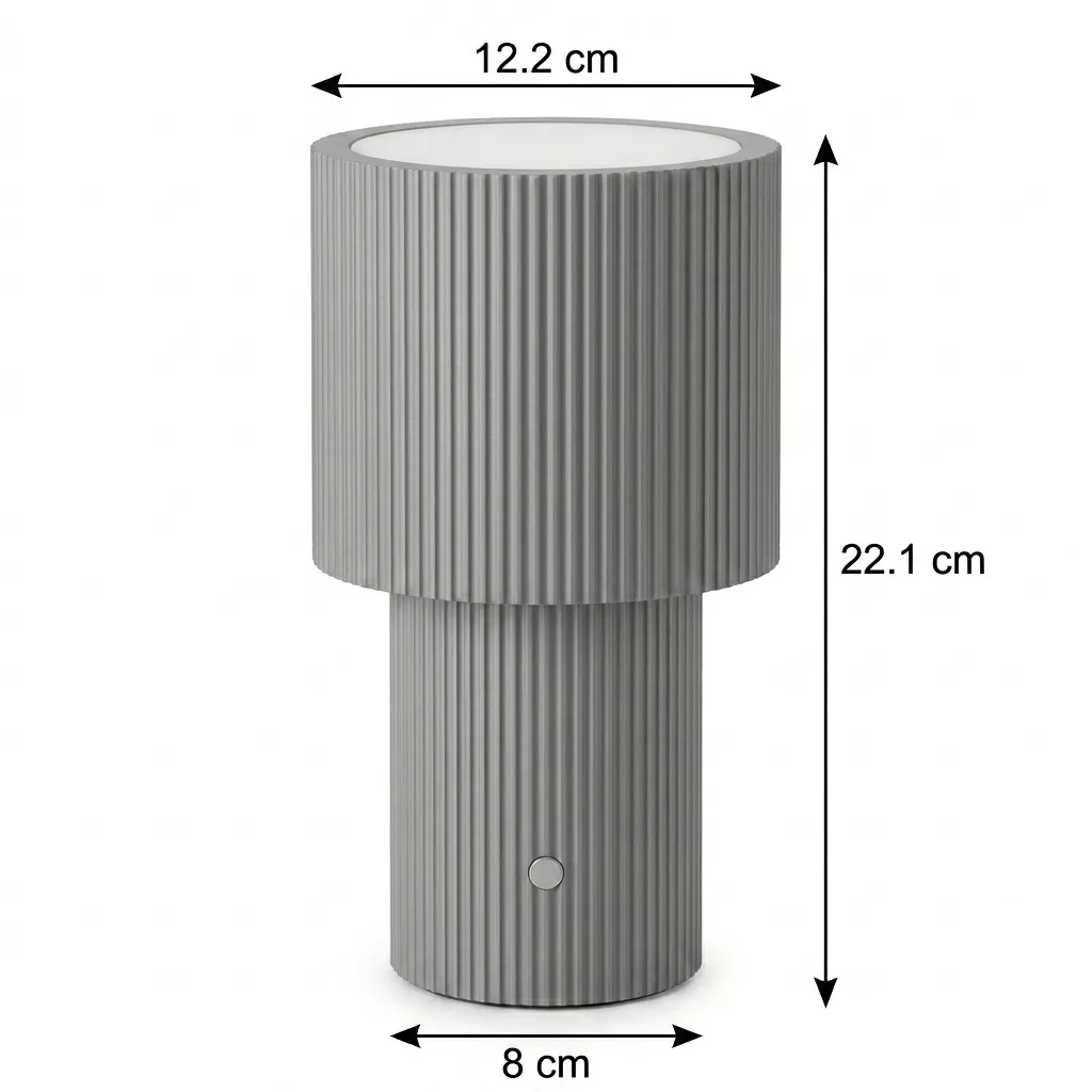 Schéma technique de la lampe à poser cannelée avec cotes : Diamètre 12,2 cm en haut, 8 cm en bas, Hauteur 22,1 cm.