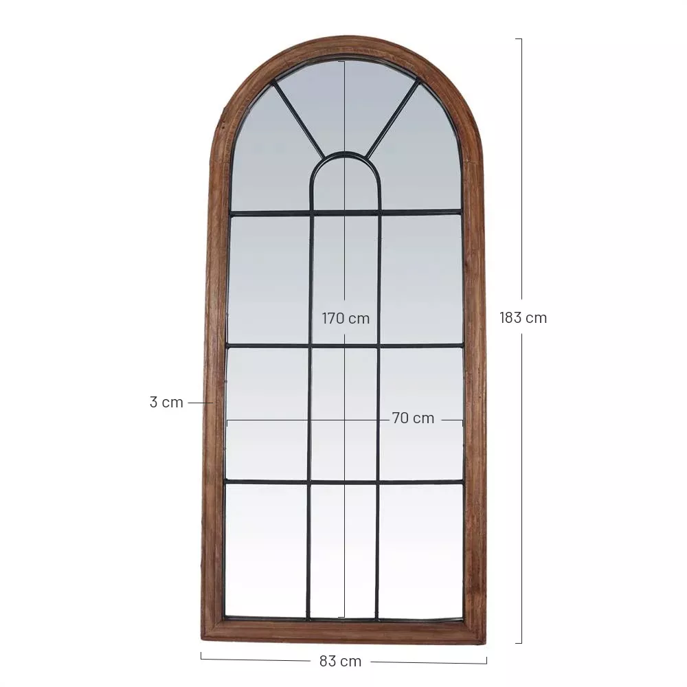 Schéma technique du miroir arche bois recyclé, Longueur 83 cm, Hauteur 183 cm, glace intérieure 70 × 170 cm.