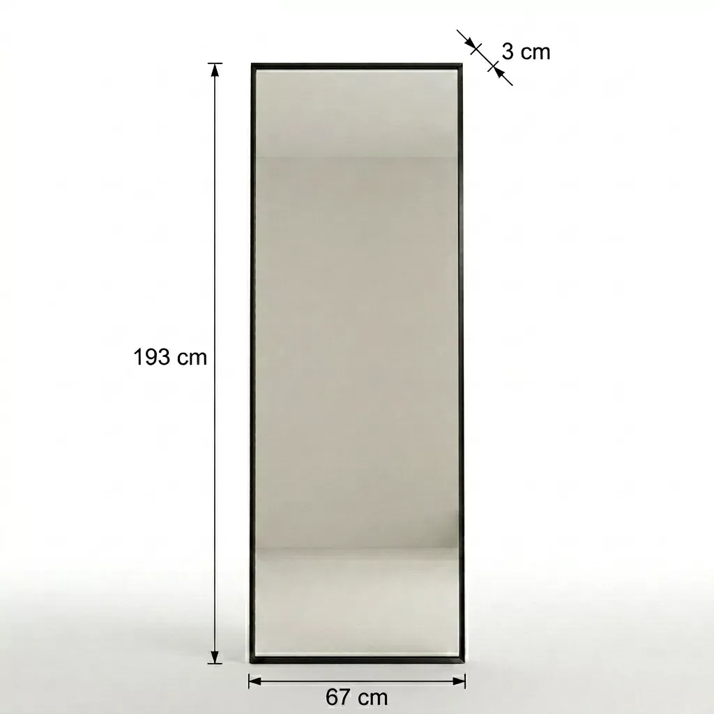 Schéma technique du miroir plein pied noir : Hauteur 193 cm, Largeur 67 cm, Profondeur 3 cm, vue de face