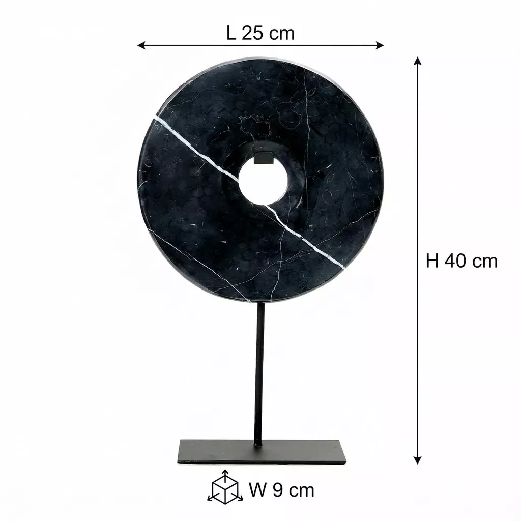 Schéma technique du disque marbre sur socle métal avec cotes : Longueur 25 cm, Largeur 9 cm, Hauteur 40 cm