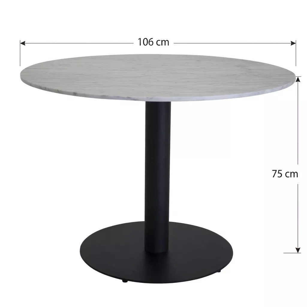 Schéma technique de la table à manger ronde en marbre et acier : Diamètre 106 cm, Hauteur 75 cm.