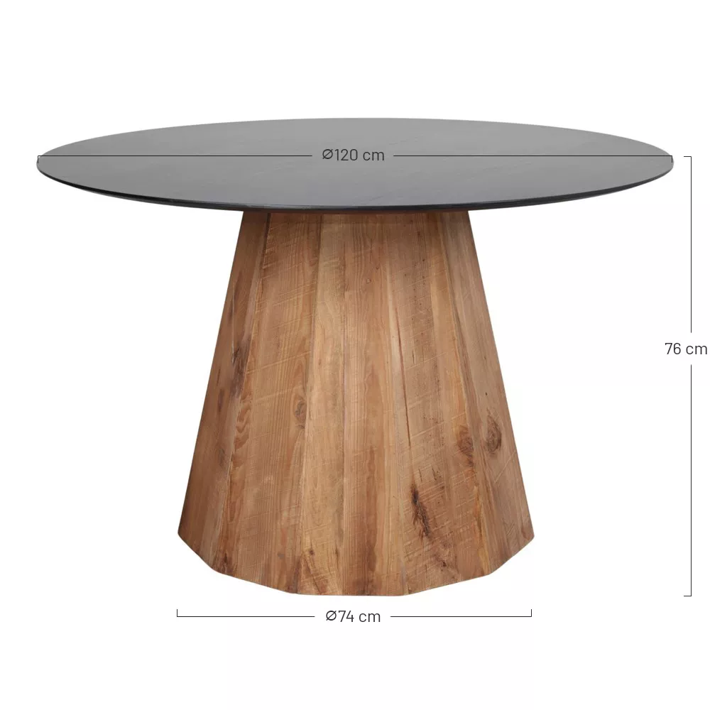 Schéma technique de la table ronde en pin recyclé avec cotes : Diamètre 120 cm, Hauteur 76 cm, base Diamètre 74 cm