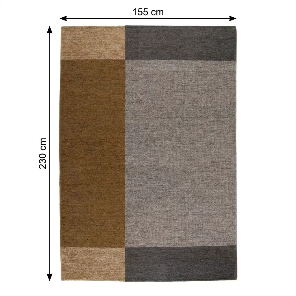 Schéma technique du tapis avec cotes : Longueur 230 cm et Largeur 155 cm, composition color-block moutarde et gris