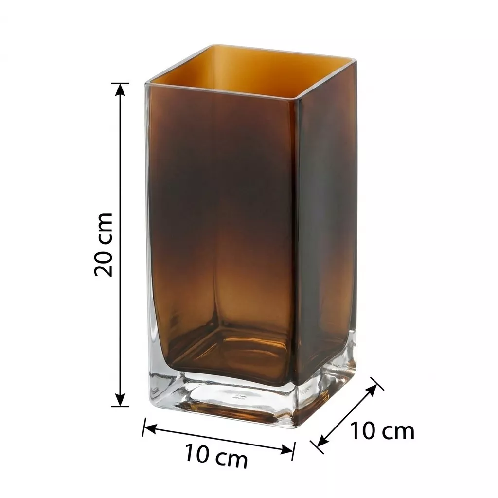 Schéma technique du vase en verre ambré avec cotes : Longueur 10 cm, Profondeur 10 cm, Hauteur 20 cm