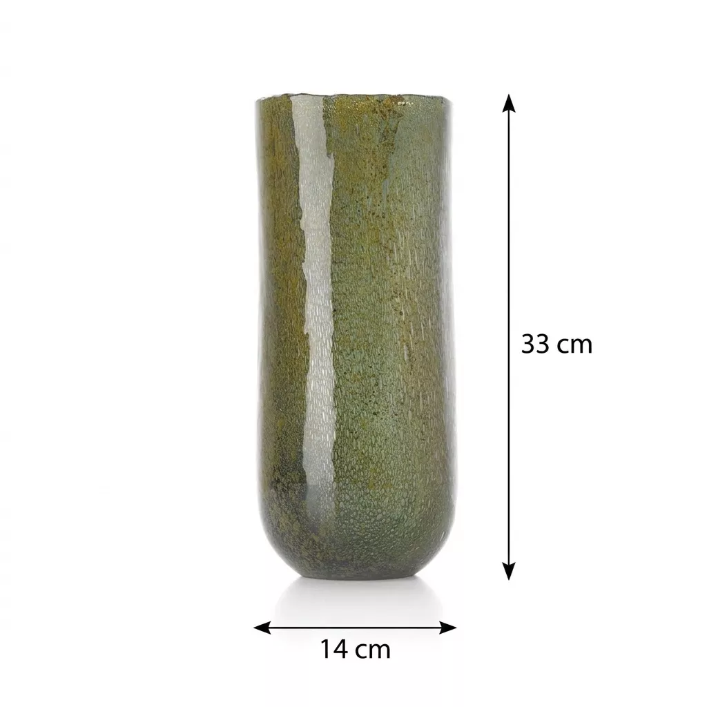 Schéma technique du vase cylindrique en verre vert olive avec cotes : Diamètre 14 cm, Hauteur 33 cm