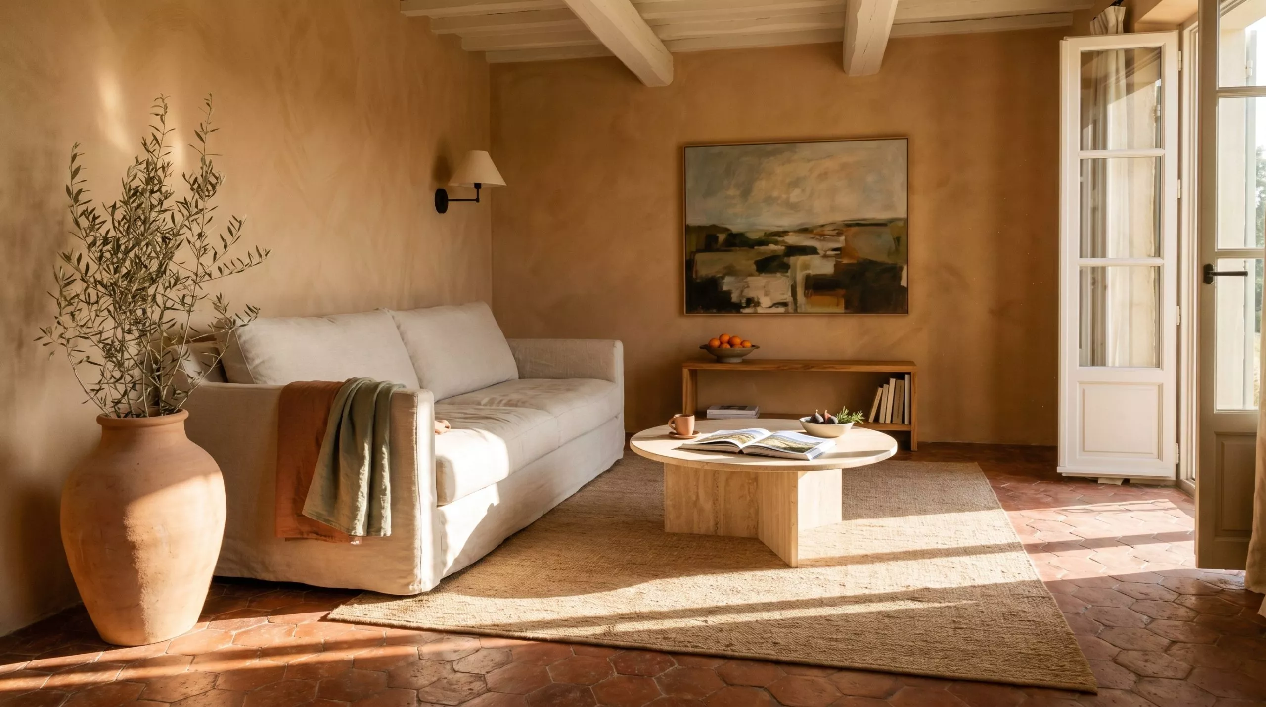 Salon Sunbaked Méditerranéen dans un mas de Provence restauré, mur en limewash terracotta, canapé lin écru avec plaid rouille, table basse ronde en bois huilé, jarre terre cuite avec branche d'olivier et tomettes hexagonales patinées sous lumière du sud rasante