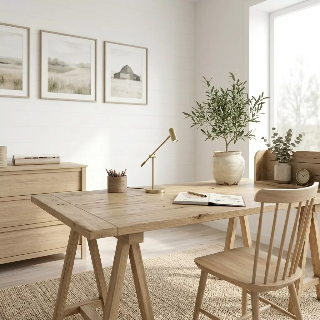 Lampe à poser en laiton doré sur un bureau en chêne clair, mur de paysages encadrés, petit arbre en pot et chaise en bois