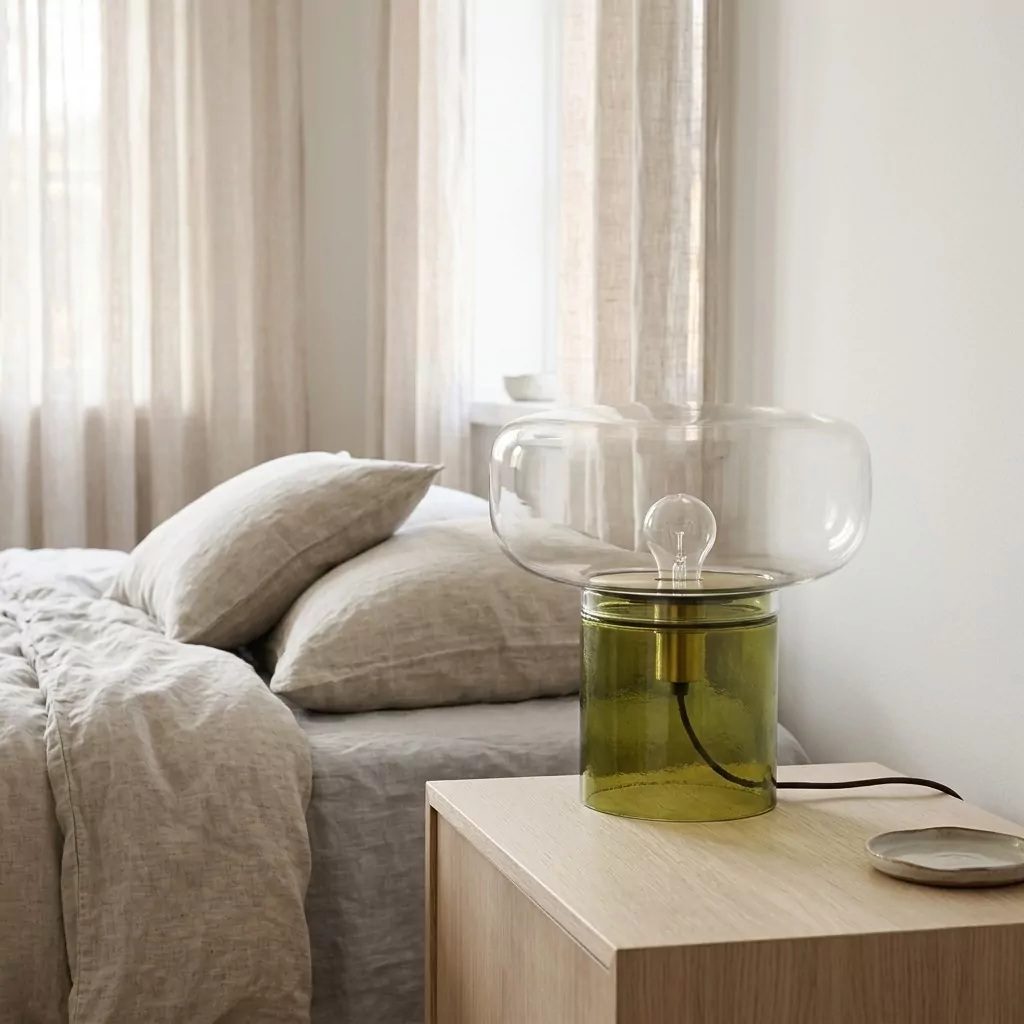 Lampe à poser à base verte et dôme transparent sur une table de chevet en bois clair, lit en lin naturel et voilage clair