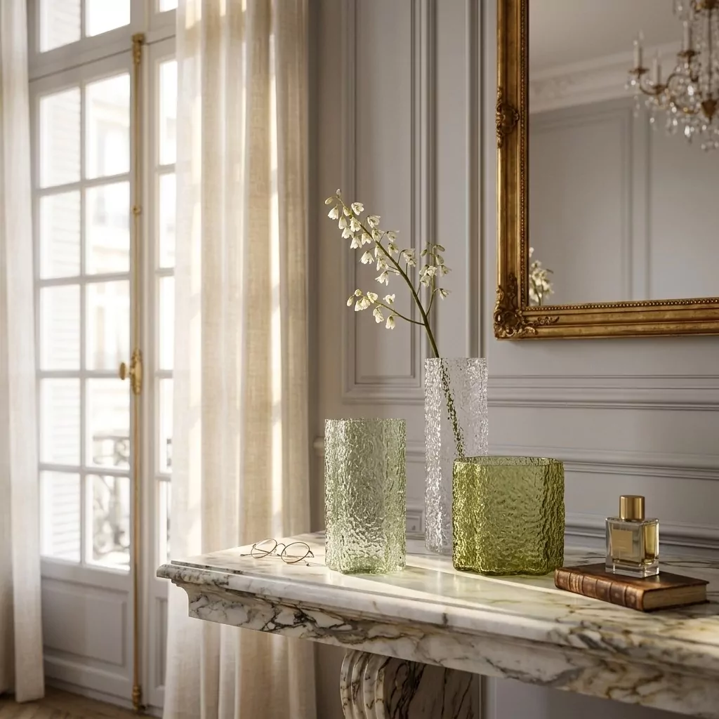 Trois vases en verre texturé transparent et vert olive sur une tablette en pierre veinée, près d'une branche fleurie