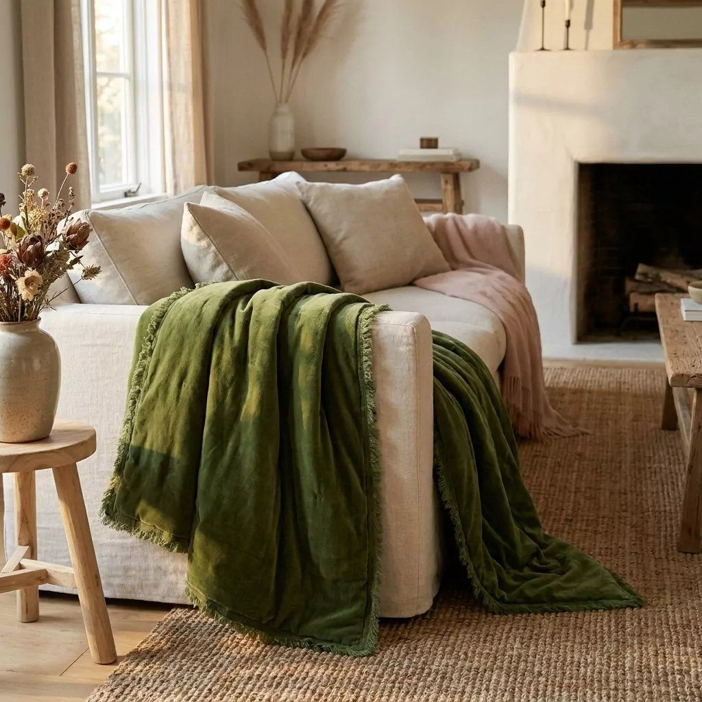 Plaid en coton vert olive drapé sur un canapé en lin crème, cheminée en enduit blanc et tapis en fibre naturelle