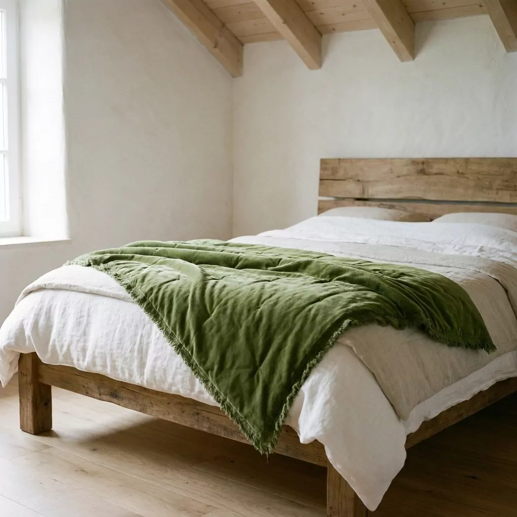 Plaid en coton vert olive au pied d'un lit en bois brut, linge blanc, murs en enduit clair et poutres apparentes